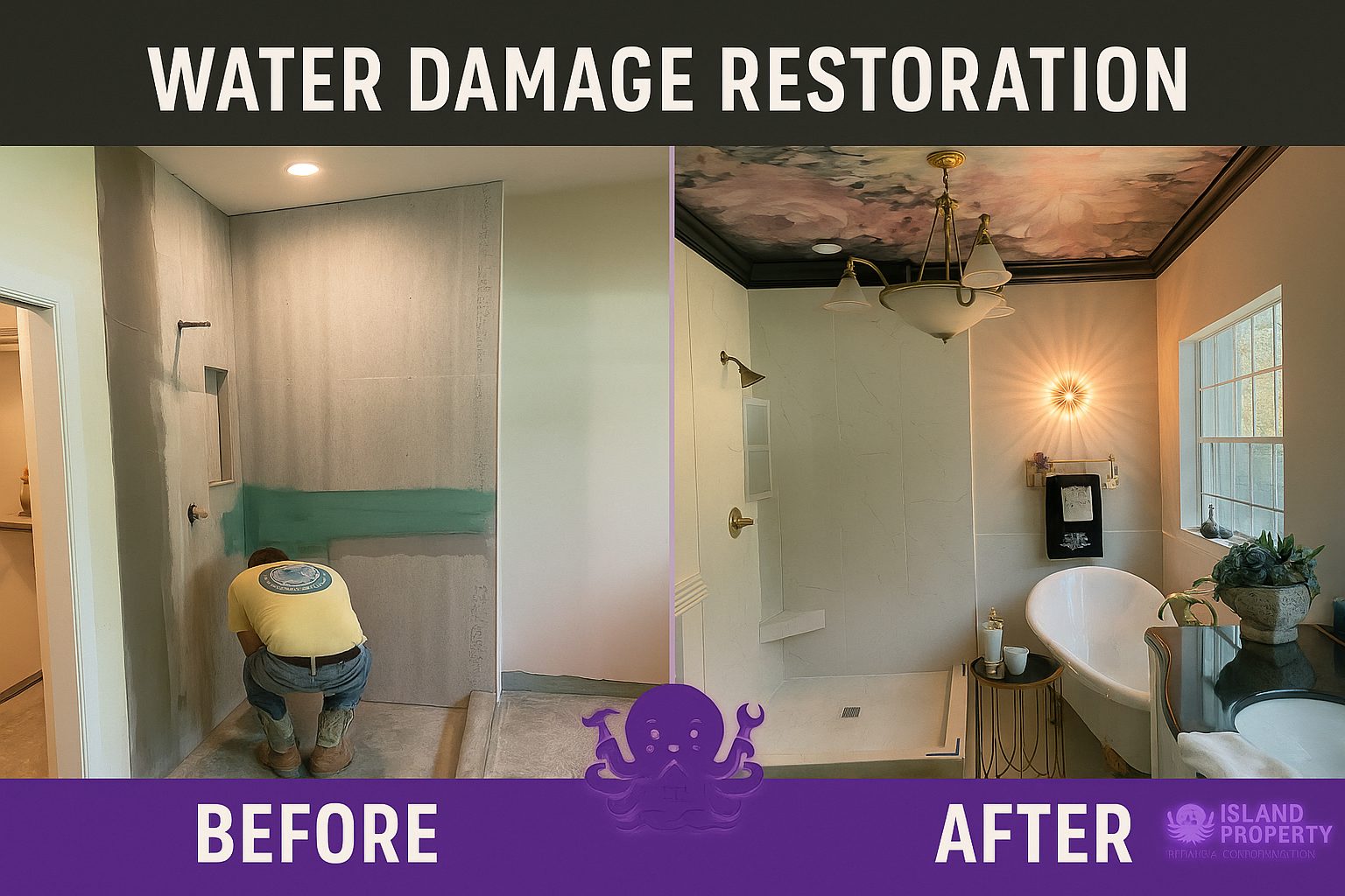 Bathroom water damage restoration before and after